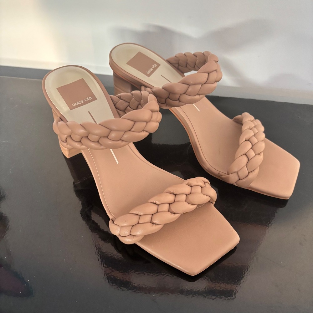 Dolce Vita Paily Braided Block Heel Slide Sandals Cafe Nude Tan Square Toe 8.5